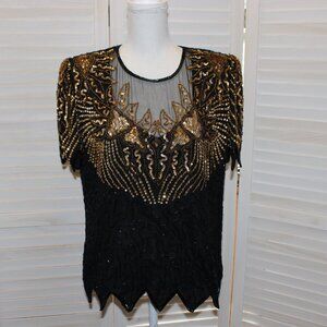 Denise Elle Women's Vintage Sequin Bejeweled Embellished Black Silk Top sz XL